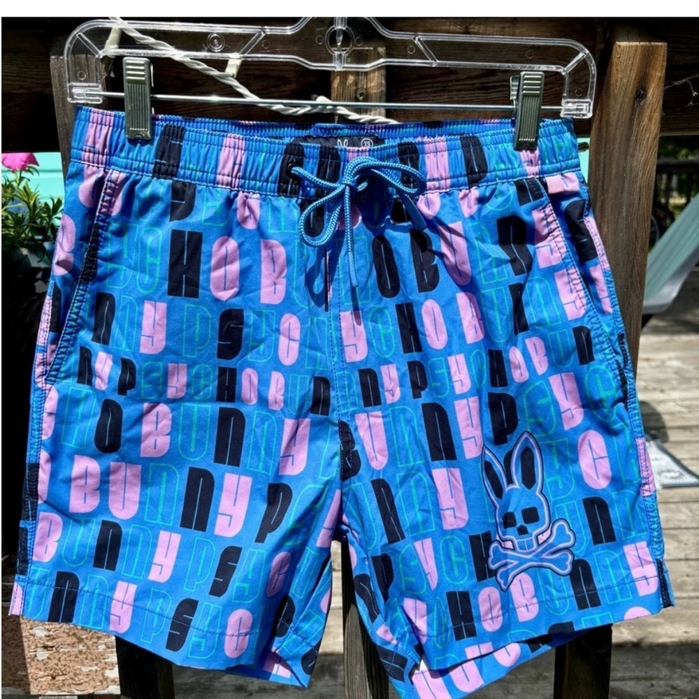 Psycho Bunny Blue and Pink All over Graphic Swim Shorts Men's Size XS - Picture 1 of 7
